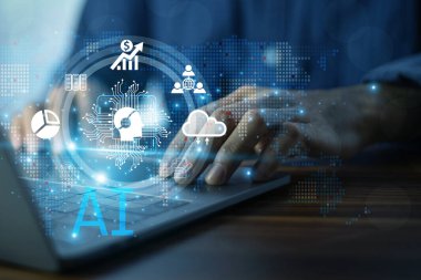 İşadamı, karar verme, otomatikleştirme süreçlerini geliştirme ve genel operasyonel verimliliği artırma yoluyla iş büyümesini desteklemek için yapay zeka teknolojisini kullanır.