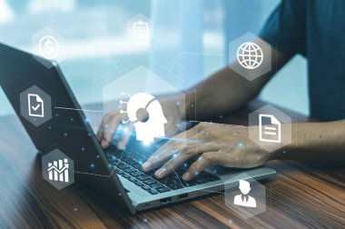 AI Kullanıcı Profili ve Ağ Görselleştirme Kaplamalı Profesyonel Laptop Kullanımı