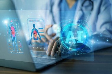 Doktor, ileri düzey tıbbi tanı ve hasta sağlığı veri analizi için yapay zeka teknolojisini gelecekteki dijital arayüzde kullanıyor.