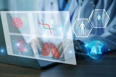 Doktor, ileri düzey tıbbi tanı ve hasta sağlığı veri analizi için yapay zeka teknolojisini gelecekteki dijital arayüzde kullanıyor.