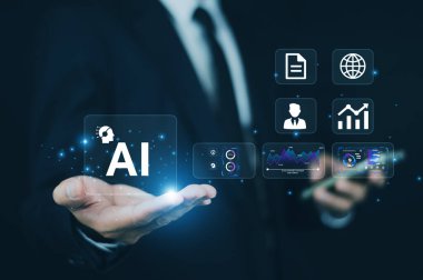 Yapay zeka iş zekasını strateji, analitik ve bulut tabanlı yönetim için entegre ikonlar ile güçlendirir.