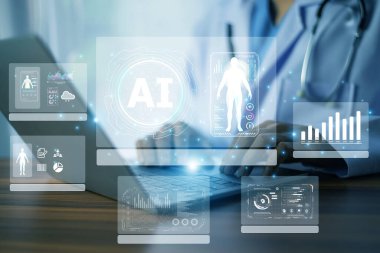 Sağlık eğilimlerini analiz etmek ve hasta bilgilerini gerçek zamanlı dijital sistemlerde izlemek için yapay zeka araçları kullanan tıp uzmanları
