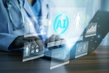 AI sistemlerinin tanı verilerinin incelenmesi ve tedavi planlarının optimize edilmesinde doktorlara yardımcı olduğu akıllı bir hastane ortamı