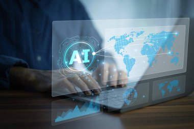 Küresel lojistik kontrolü için dijital yapay zeka arayüzü, gerçek zamanlı ulaşım optimizasyonu ve iş dünyasının profesyonel veri otomasyonu.