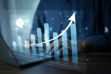 İş adamı AI ve Yapay Zeka tarafından desteklenen Finansal Analizler dijital iş performansında artış eğilimleri gösteriyor.