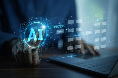 İş adamı, veri analizi ve iş zekası için AI otomasyon teknolojisini kullanarak küresel pazarlarda karar verme ve işletim verimliliğini artırıyor