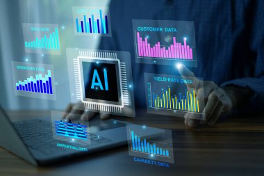 İşadamı hızlı bir pazarda rekabetçi avantaj sağlamak için yapay zeka teknolojisi veri analizi kullanıyor.