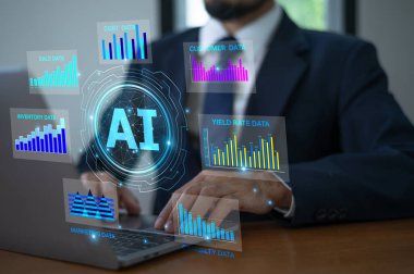 İşadamı hızlı bir pazarda rekabetçi avantaj sağlamak için yapay zeka teknolojisi veri analizi kullanıyor.