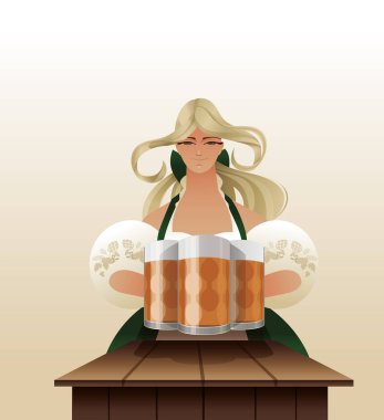 Alman Bavyera kostümlü kadın elinde bira bardağıyla hoş geldin diyor. Güzel, neşeli, gülümseyen genç bir bayan. Hoş geldin. Bir içki teklif et..