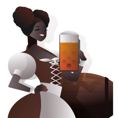 Güzel bayan neşeli karşılama bir bira içme teklifi. Alman Bavyera geleneksel dirndl 'i gibi giyinmiş. Sevimli ve büyüleyici. Yüzyılın ortalarında modern veya sanat deco 'su..