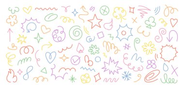 Minimalist çizgisel tarzda çok renkli çıkartmalar, karalamalar ve karalamalar içeren vektör koleksiyonu. Fotokopi alanı olan basit renkli monolin tasarımı ögeleri, posterler, sosyal medya, baskılar ve afişler için mükemmel