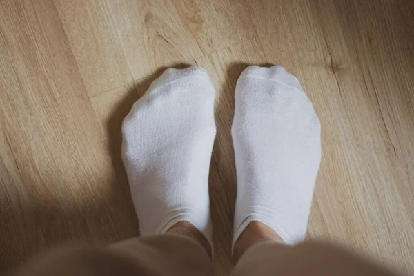 White Socks Floor Women Footwear Warm Clothing Concept Comfortable Cotton — Stock Photo, Image