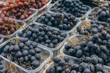 Markette çeşitli üzümler var. Farklı türde üzümler. Siyah, pembe ve beyaz üzüm yığını. Sonbahar hasadı. Sağlıklı beslenme. Vitaminler ve antioksidan..
