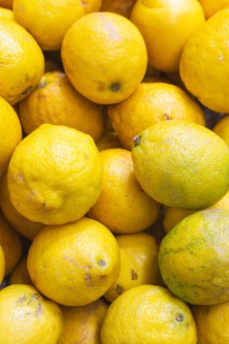 Limonlar satışta. Sulu limon arka planı. Sarı meyveler. Olgun limon yığını. Sarı arkaplan. Citrus hasadı. Sağlıklı beslenme. Vitaminler ve antioksidan.. 