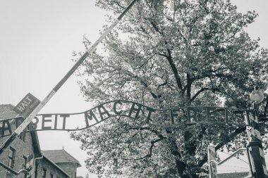 Polonya, Oswiecim - 06: 15 2018: Auschwitz, Oswiecim toplama kampına geçit. Arka planda Nazi sloganı ve kışlası olan bir giriş. Soykırım anıtı. Faşizm şiddetinin sembolü. Yahudi soykırımı. Ölüm kampı müzesi. Nazi hapishanesi. Hapishane kavramı. 