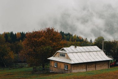 Sonbahar dağlarında bulutlarla kaplı bir kır evi. Ukrayna 'nın Karpat dağlarındaki yerel bir köy. Sisli tepelerdeki sonbahar ormanında bir ev. Eko turizm konsepti. Sonbahar havası. Otantik kırsal sahne.