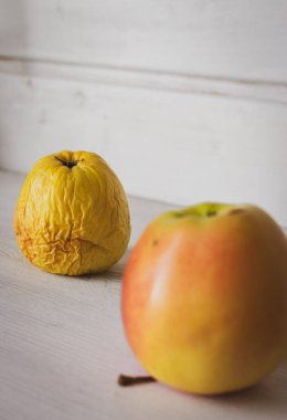 Fresh and rotten apple on white background. Fresh red apple and wrinkled apple. Young and old concept. Aging process concept. Skin care concept. Decay in nature. Difference in age. Passing of time concept.  clipart