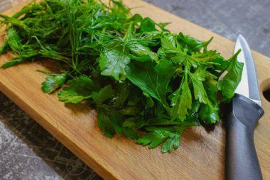 Tahta üzerinde doğranmış yeşillik. Bıçakla tahtayı kesen bir demet dereotu ve maydanoz. Vejetaryen diyeti. Sağlıklı yiyecekler. Tahta üzerinde taze bitkiler..