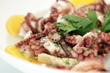 kalamar salatası, seçici odak, beyaz arkaplan