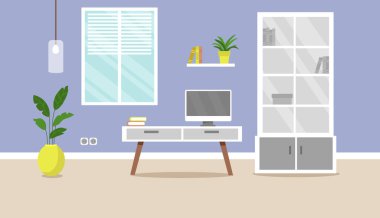 Çalışma odası, modern iç mekan, dolap. Bilgisayarlı ofis. Vektör düz grafik tasarım çizgi film illüstrasyonu.