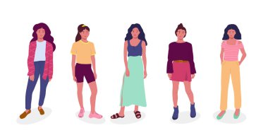 Gece kıyafetleri içindeki güzel genç kadınların koleksiyonu. Bir grup modaya uygun kadın vektör düz çizim yapıyor. Modern kadın karakterler beyazlar üzerinde izole edilmiş..