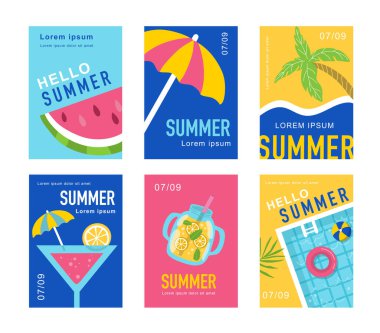 Summer vektör posterleri. Posterler, kapak resimleri, afişler, afişler için arka plan. Tatil afişi..