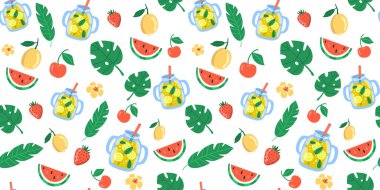 Yaz koleksiyonu. Yaz ikonları ve tasarım elementleri. Kusursuz desen. Sulu limonlar ve vektör bırakıyor. Yatay Pankart. 