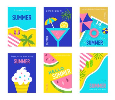 Summer vektör posterleri. Posterler, kapak resimleri, afişler, afişler için arka plan. Tatil afişi..