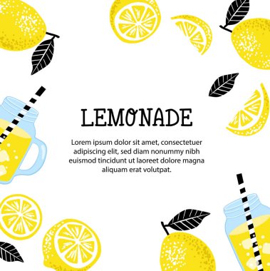 Limonlar çerçeveli ve limonata harfli. Limonata logosu ve poster, kart, tırnak, baskı, ambalaj, rozet için imza. Vektör illüstrasyonu beyaz arkaplanda izole edildi.