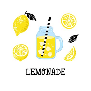 Limonata elementleri camlı bir poster. Taze limon meyvesi koleksiyonu. Limonata ve malzemelerle dolu bir yaz seti. Limon, limon dilimi ve el yazısı..
