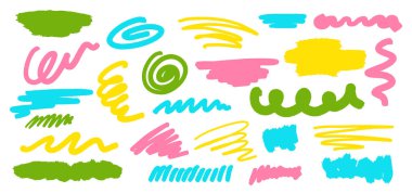 Renkli pastel boya seti. Homurdan ve elementlerin altını çiz. Fırça çizgileri, şekiller, elementler. Beyaz arkaplanda büyük bir el çizimi izole vektör nesneleri. 