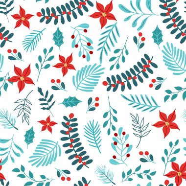 Noel ağacı dalları ve böğürtlenlerle süslenmiş çiçeksiz kış deseni.. 