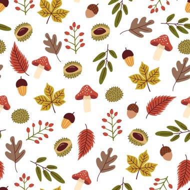 Meşe palamudu ve sonbahar yapraklarıyla kusursuz desen. Kırmızı ve sarı meşe yaprakları, meşe palamutları, elmalar, balkabağı, mantarlar, böğürtlenler. Paket kağıdı veya kumaş.