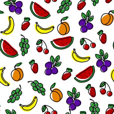 Şeftalili, üzümlü, karpuzlu, kirazlı, çilekli. Duvar kağıtları ve desenler için mükemmel. Menü, broşür, pankart, web sitesi için doku. Vektör illüstrasyonu.