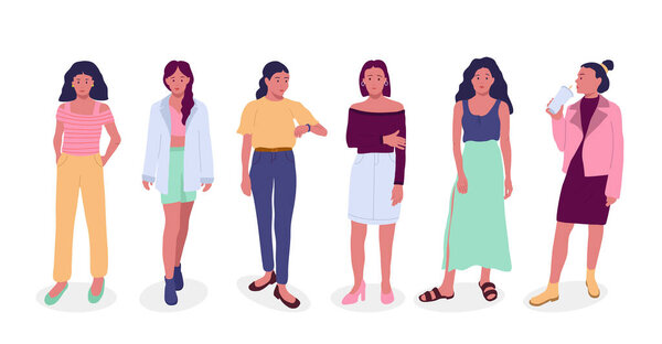 Collection of beautiful young women in evening outfits. Group of fashionable women standing together vector flat illustration. Stylish female characters in modern casual isolated on white.