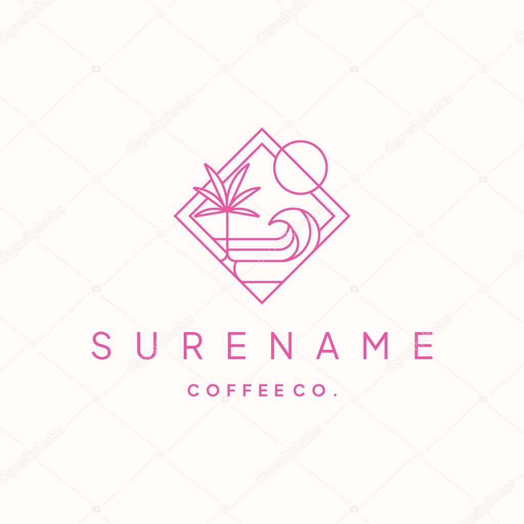 Coffee beach wave with palm tree and sun simple minimalist logo illustrations
