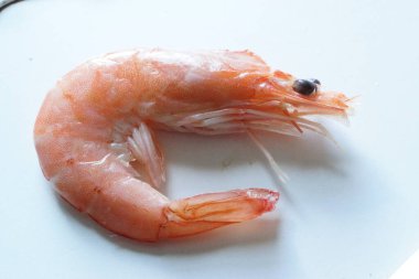 Taze ve lezzetli bir karides. Güzelce düzenlenmiş taze karides. Buzdan bir yatağa dikkatlice yerleştirilmiş. Canlı pembe tonu ve narin dokusu ışığı yakalayıp tazeliğini ve okyanus tadını vurguluyor..