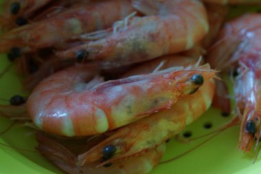 Taze ve lezzetli bir karides. Güzelce düzenlenmiş taze karides. Buzdan bir yatağa dikkatlice yerleştirilmiş. Canlı pembe tonu ve narin dokusu ışığı yakalayıp tazeliğini ve okyanus tadını vurguluyor..