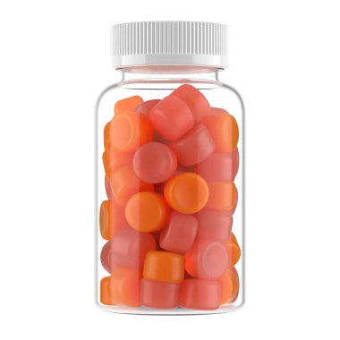 Turuncu vitamin elyaflarıyla dolu şeffaf cam şişe etiketsiz sağlıklı vitamin şişesi.