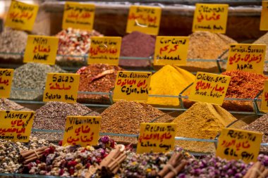 İstanbul 'daki Mısır pazarında çeşitli lezzet ve stillerde geleneksel Türk tatlı baklawası. Grand Bazar Baklava Ramazan 'daki tatlı dükkanında.