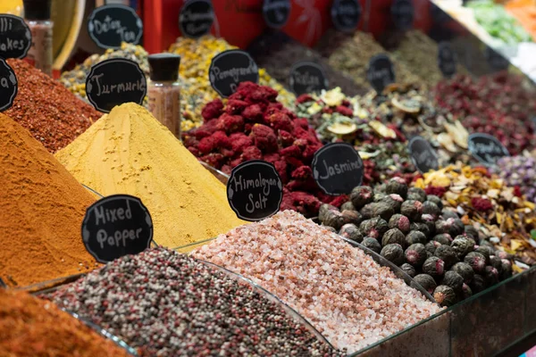 displays of products on offer in the world famous Spice market in Istanbul Turkey