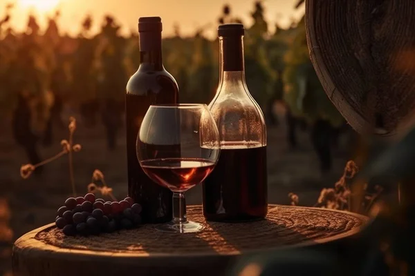 Rode Wijn Met Vat Oude Houten Tafel Wijngaard Bij Zonsondergang — Stockfoto