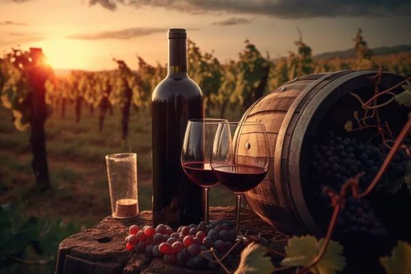 Red Wine Barrel Old Wooden Table Vineyard Sunset Generative — Stock Photo, Image