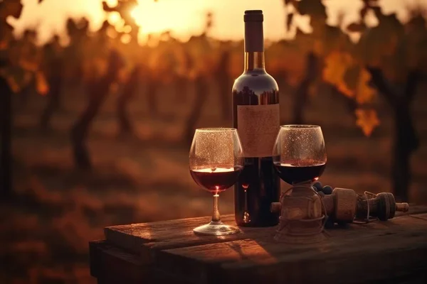 Vinho Tinto Com Barril Velha Mesa Madeira Vinha Pôr Sol — Fotografia de Stock