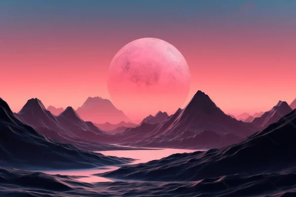 Render Ilustrasi Futuristic Lansekap Bright Oranye Planet Terhadap Pegunungan Dengan — Stok Foto