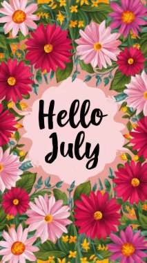  Parlak ve neşeli Merhaba Temmuz canlı bahar çiçekleriyle. dikey hikaye boyutu