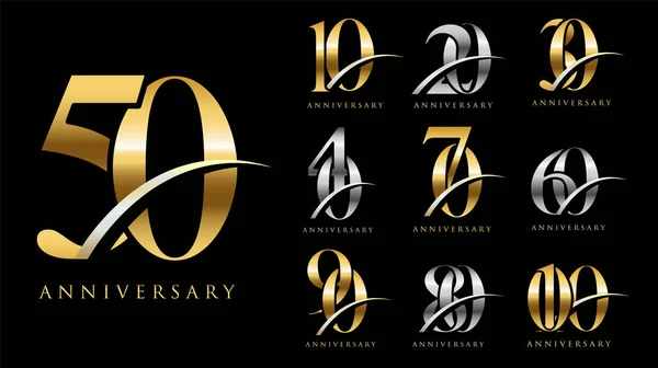 Conjunto Logotipo Aniversário Fita Ouro Celebração Aniversário Ouro —  Vetores de Stock