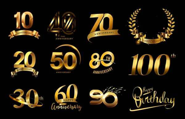 Conjunto Logotipo Aniversario Oro Ribbon Golden Celebración Aniversario — Vector de stock