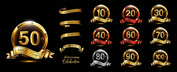 Set Logo Dell Anniversario Nastro Oro Celebrazione Dell Anniversario Oro — Vettoriale Stock