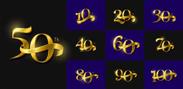 Набір Ювілейного Логотипу Золотої Стрічки Золота Річниця Святкування Дизайну Емблеми — стоковий вектор